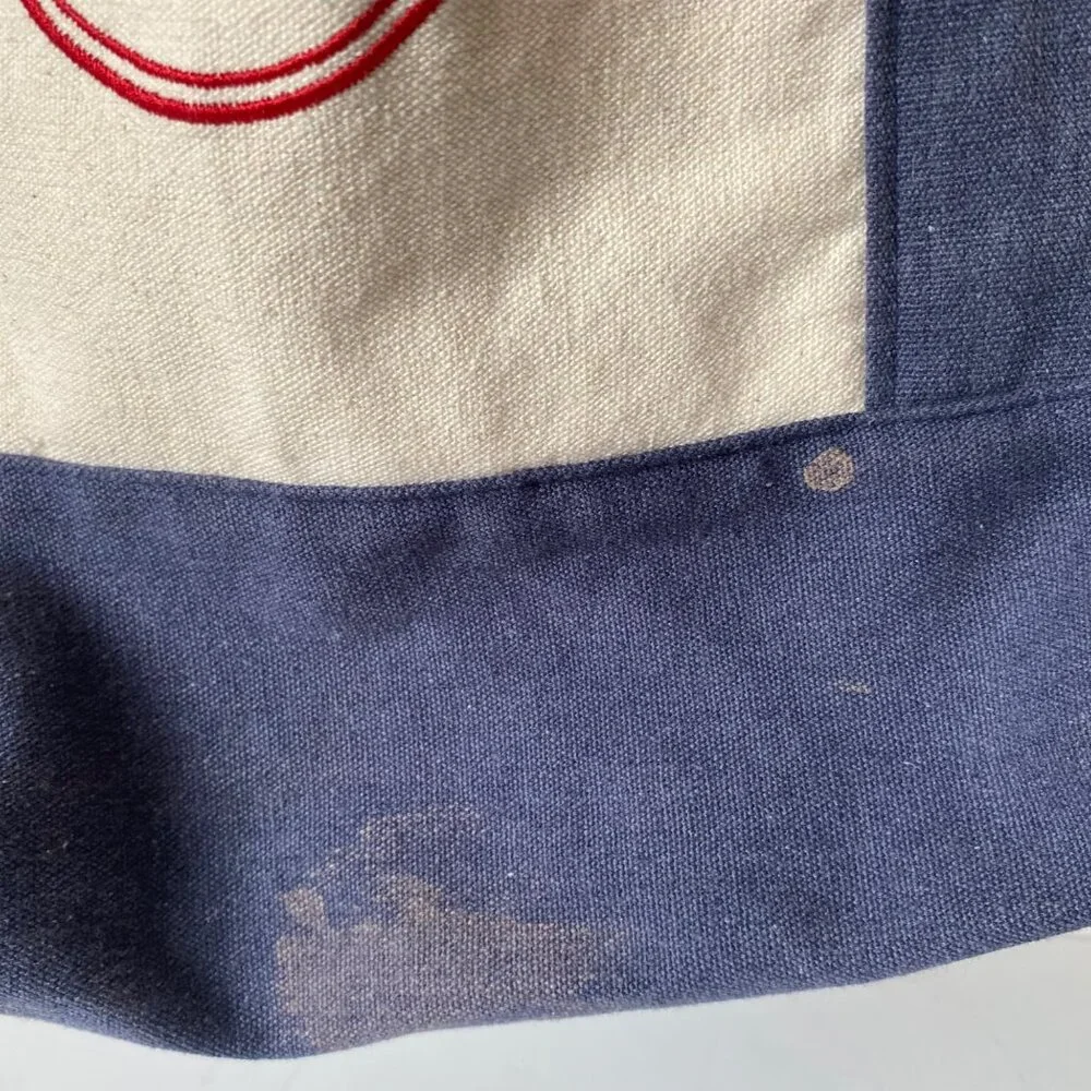 Trader‎ Joe's large embroidered canvas shopping bag blue white stained pockets